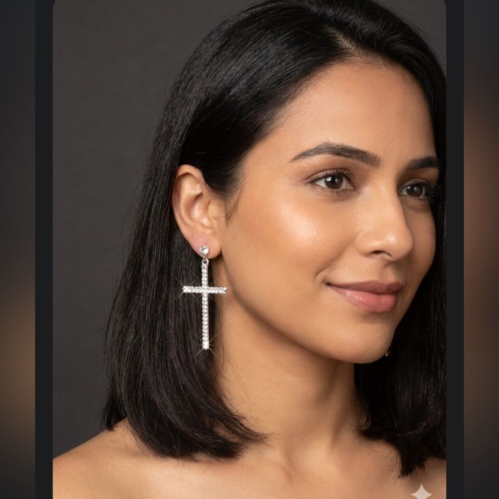 5/$25 Silver Rhinestone Cross Earrings Dangle Statement Jewelry NWT
